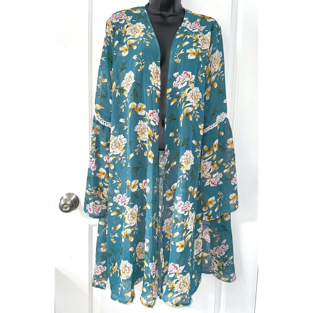 Grace & Emma Teal Blue Floral Print Western Duster Kimono Shawl
